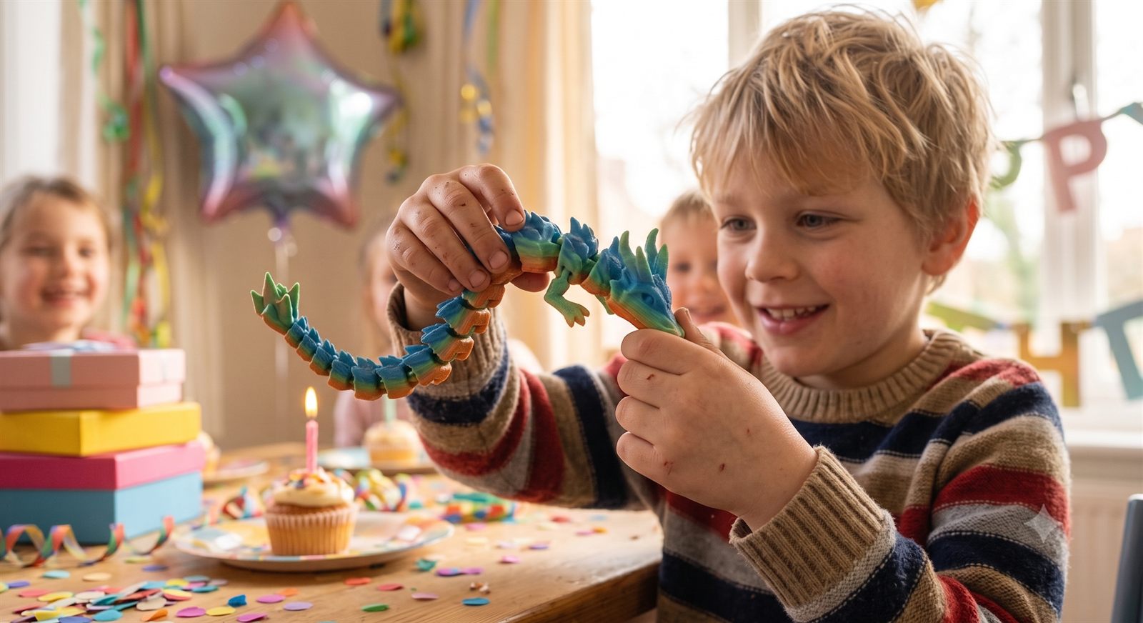 A smiling boy holding up an articulated blue and green 3D printed dragon at his birthday party, with a cupcake and presents on the table
